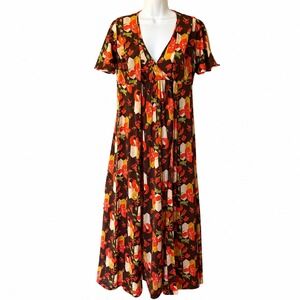 Vintage Handmade 70s Floral Maxi Dress and Cardigan Set Brown Orange Retro Boho